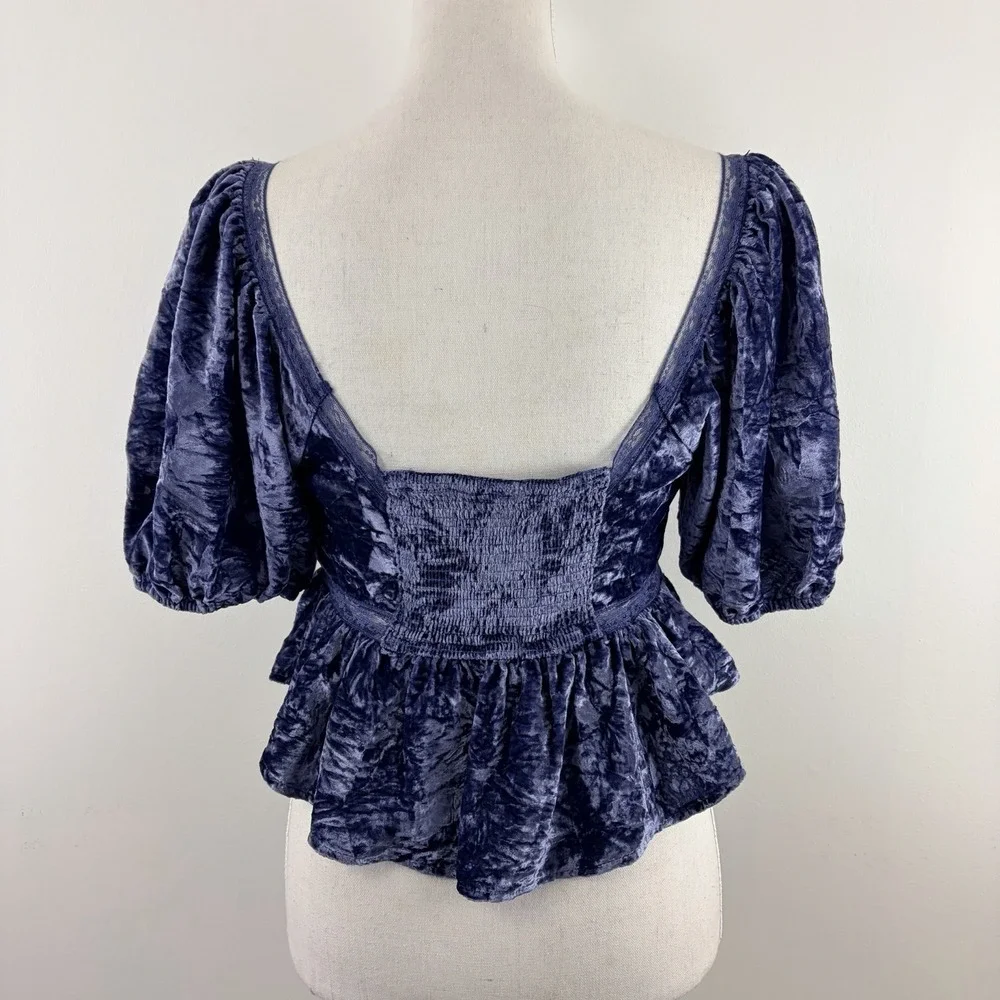Free People Blue Velvet Puff Sleeve Peplum Crop Top S Boho Romantic